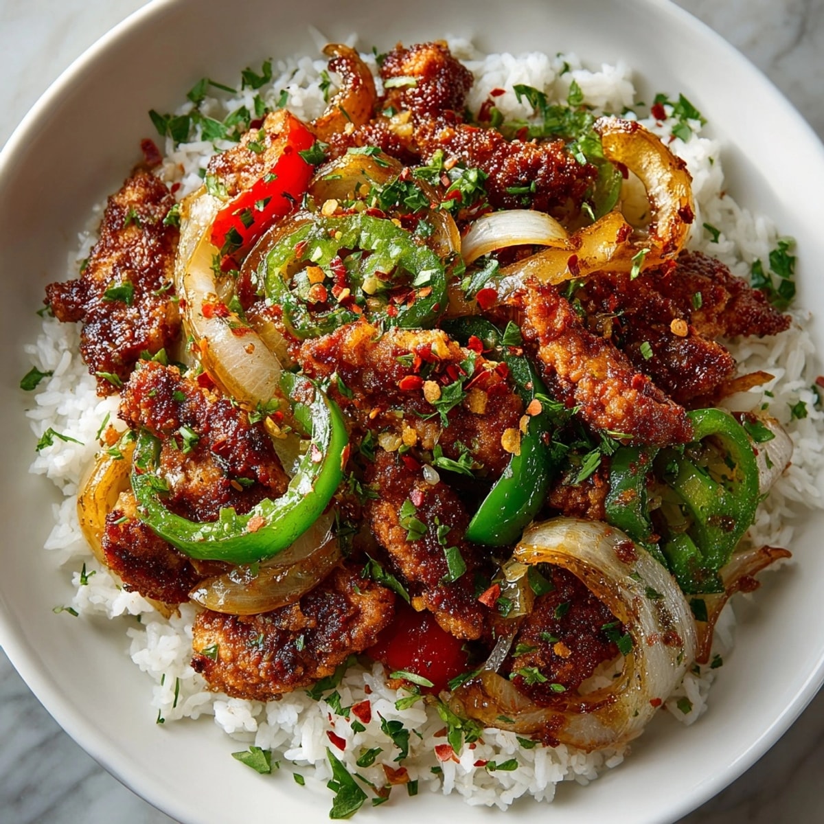 Golden Spicy Cajun Chicken and Rice Skillet, ready to serve, garnished with fresh parsley.