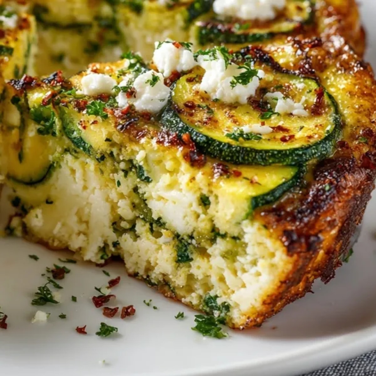 Golden herbed zucchini and feta frittata recipe, ready to be sliced and enjoyed for brunch.