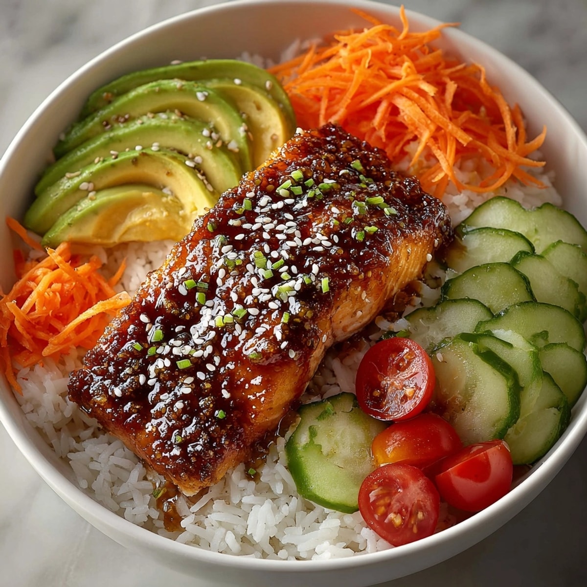 Honey Mustard Glazed Salmon Bowl: Flaky salmon glistening, atop vibrant greens, grains, a quick lunch!