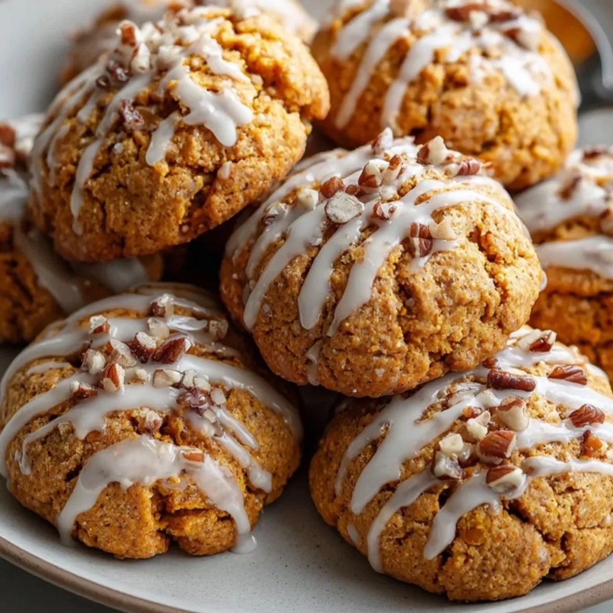 Warm, soft Maple Ginger Spiced Pumpkin Cookies with a dusting of powdered sugar.