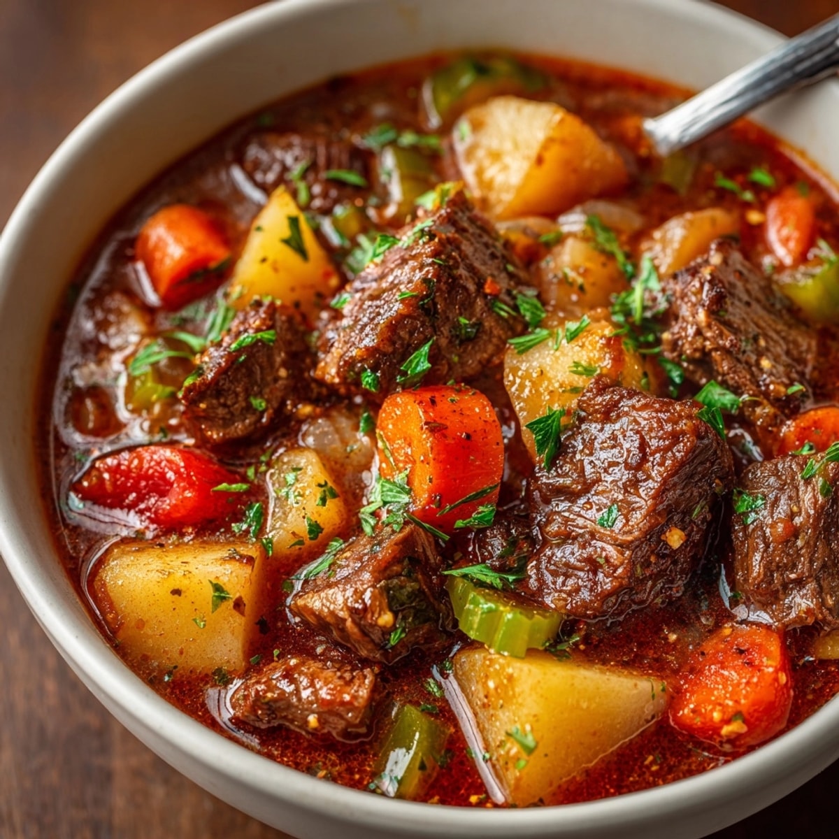 Slow cooker Beef and Vegetable Stew simmers, rich aroma filling kitchen, ready to serve.