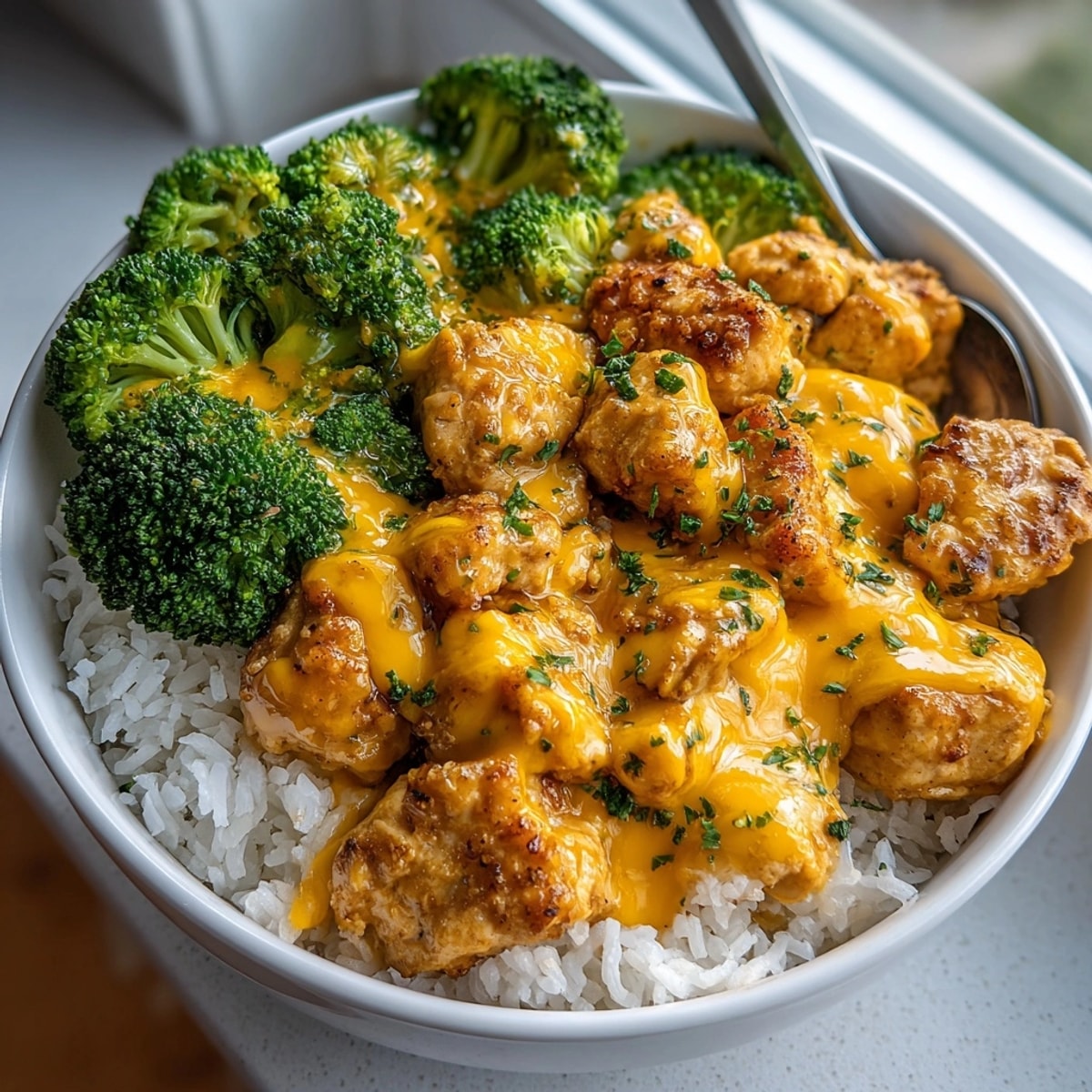 Close-up of vibrant, cheesy one-pot cheesy broccoli chicken rice with tender chicken pieces.