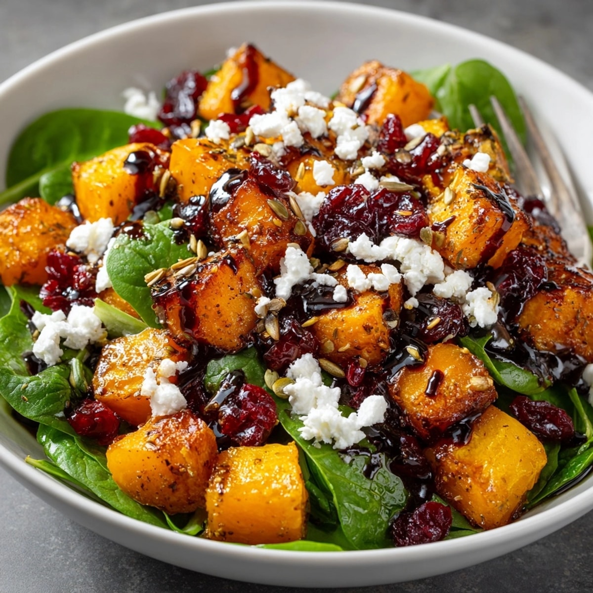 Roasted Butternut Squash Salad with Cranberries, glistening with balsamic; a Thanksgiving side dish.