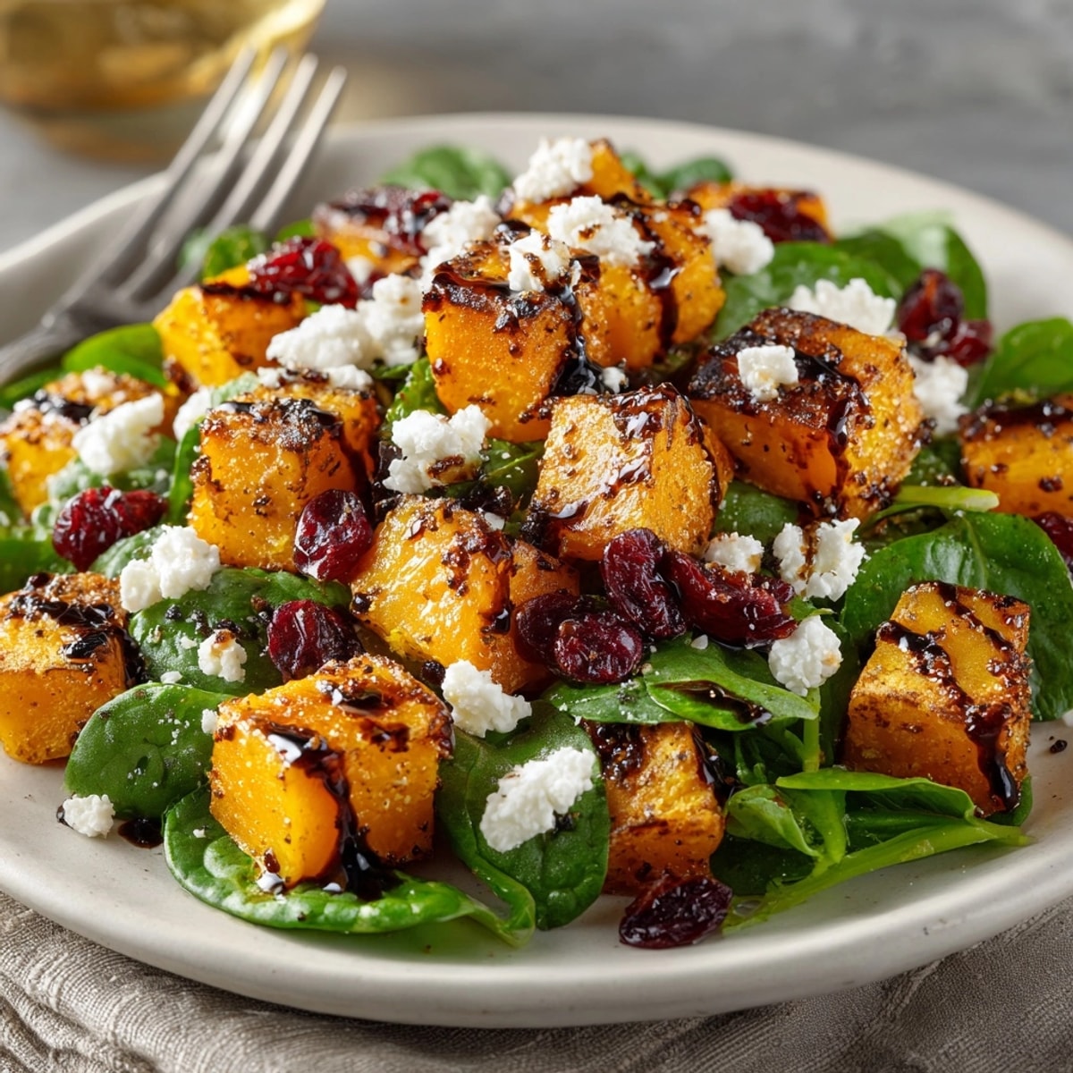 Golden Roasted Butternut Squash Salad with Cranberries, nutty, sweet, and freshly tossed; serve now.
