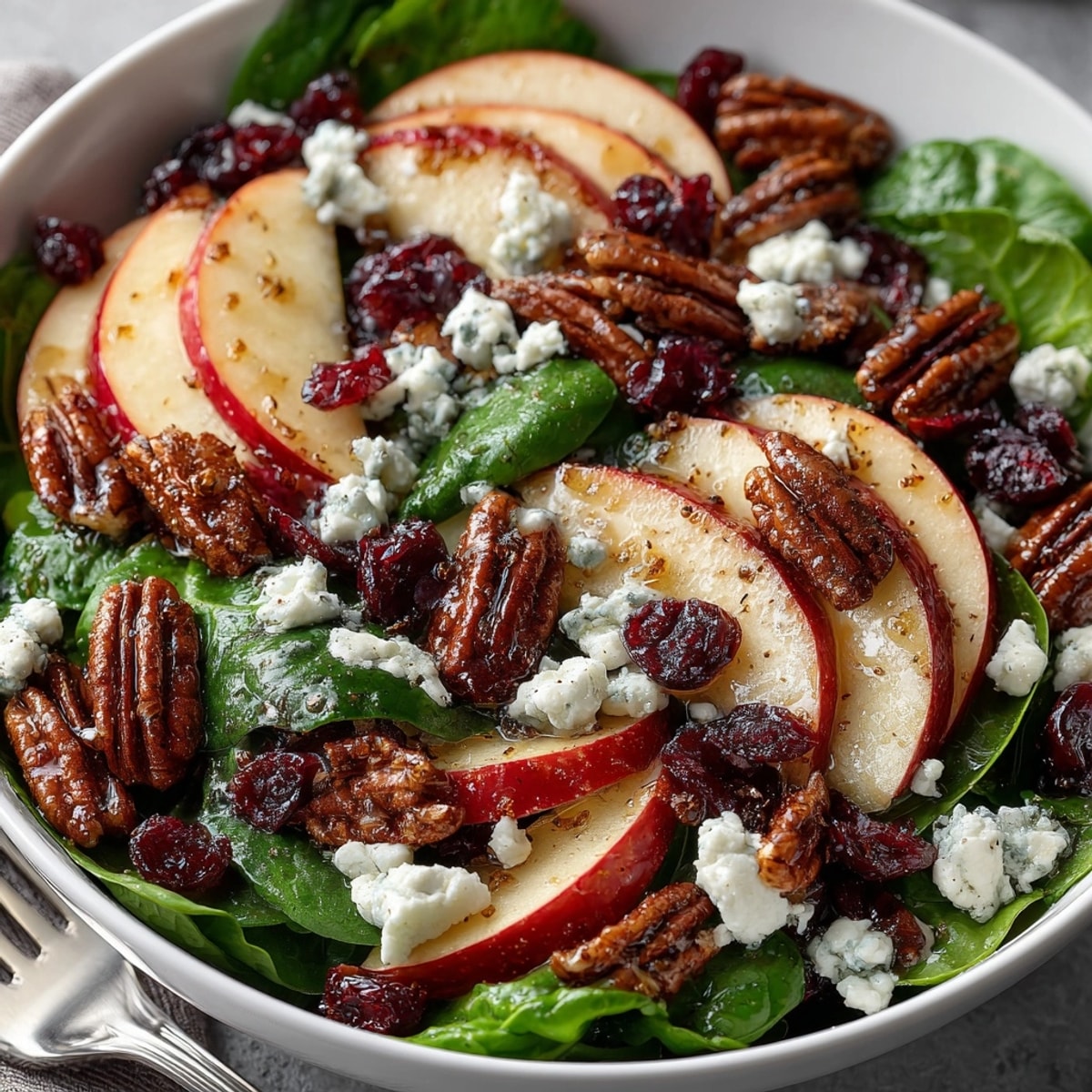 Crisp Apple Pecan Autumn Salad with a sweet maple dressing, ready to serve.