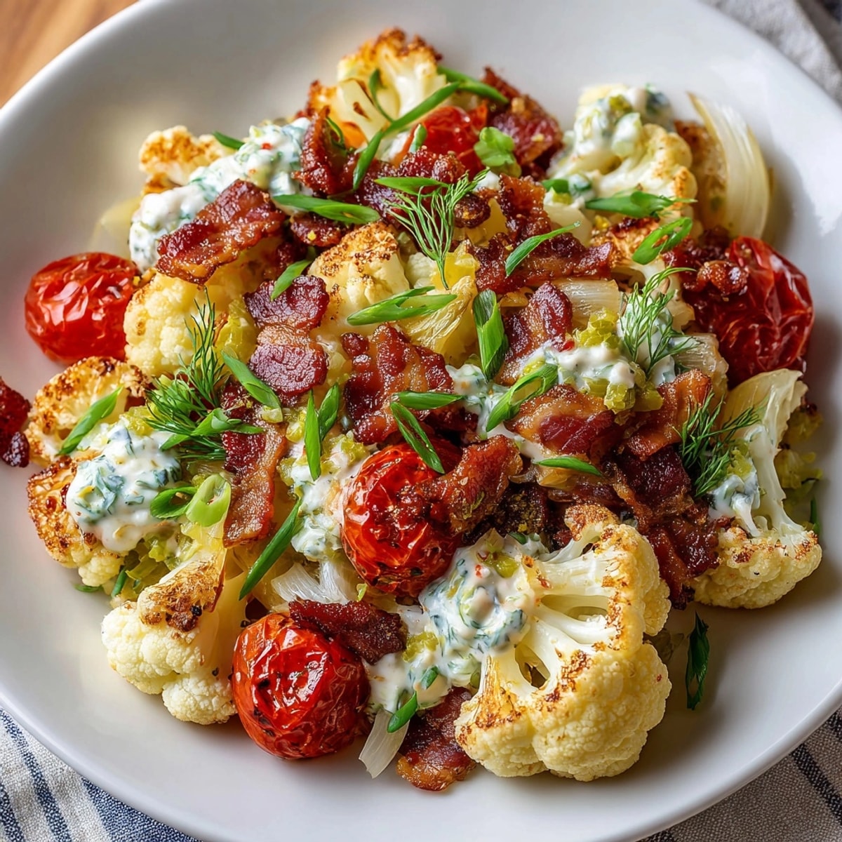 Creamy BLT Cauliflower Salad, crisp bacon and roasted tomatoes mixed in a flavorful dressing.
