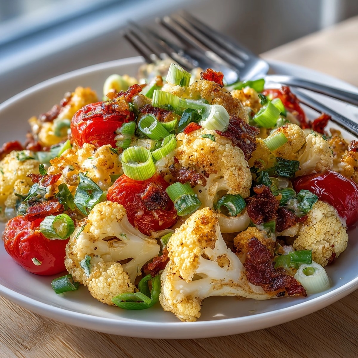Close-up of tangy BLT Cauliflower Salad, a healthy and vibrant alternative to potato salad.