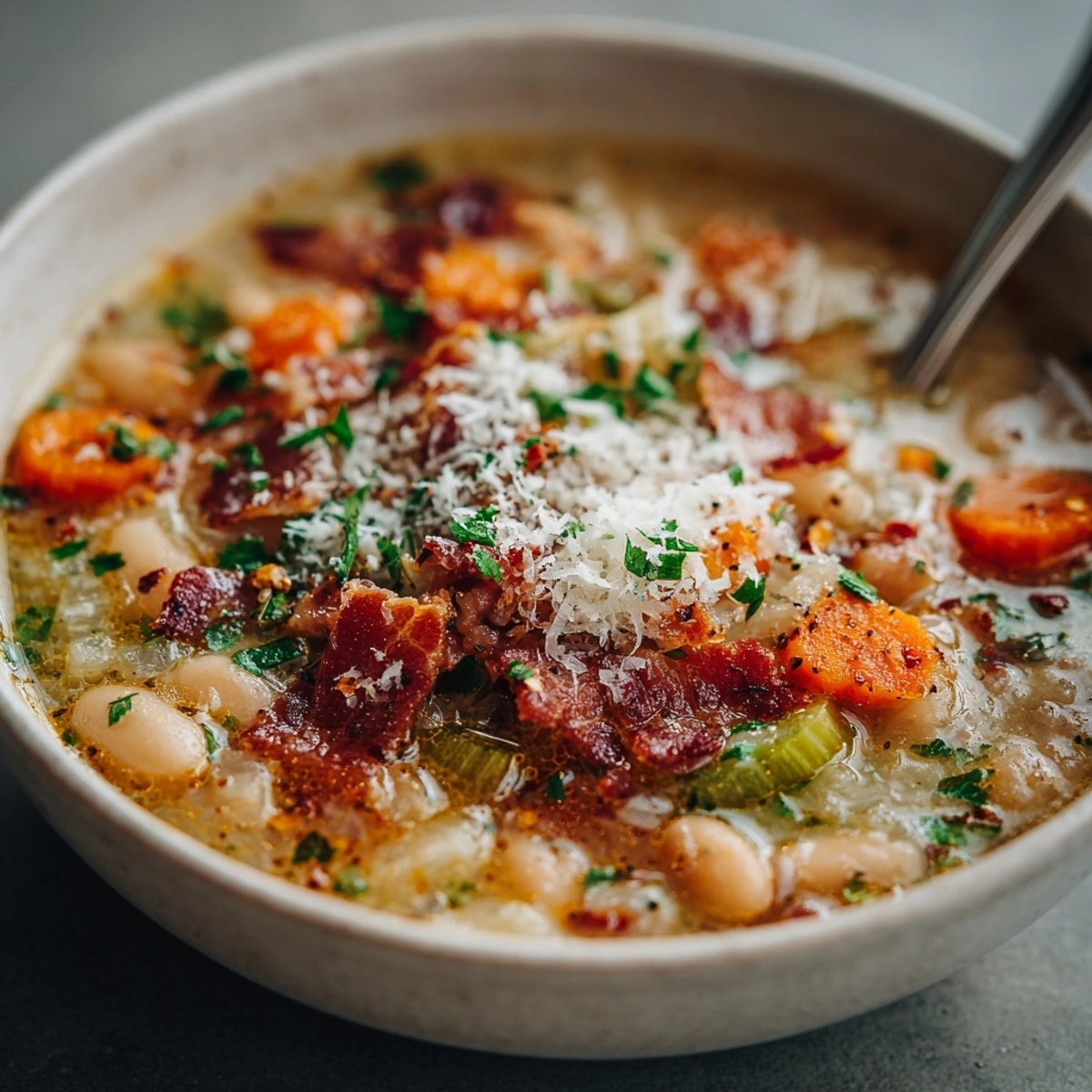 Creamy White Bean Soup with Bacon simmered; a comforting, savory, rich bowl.
