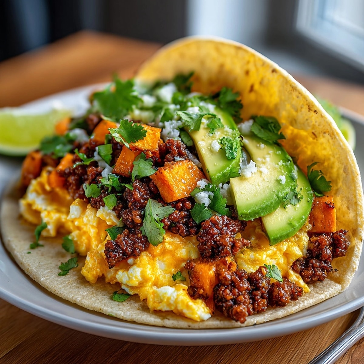 Golden roasted sweet potatoes, spicy chorizo, and creamy eggs in breakfast tacos.