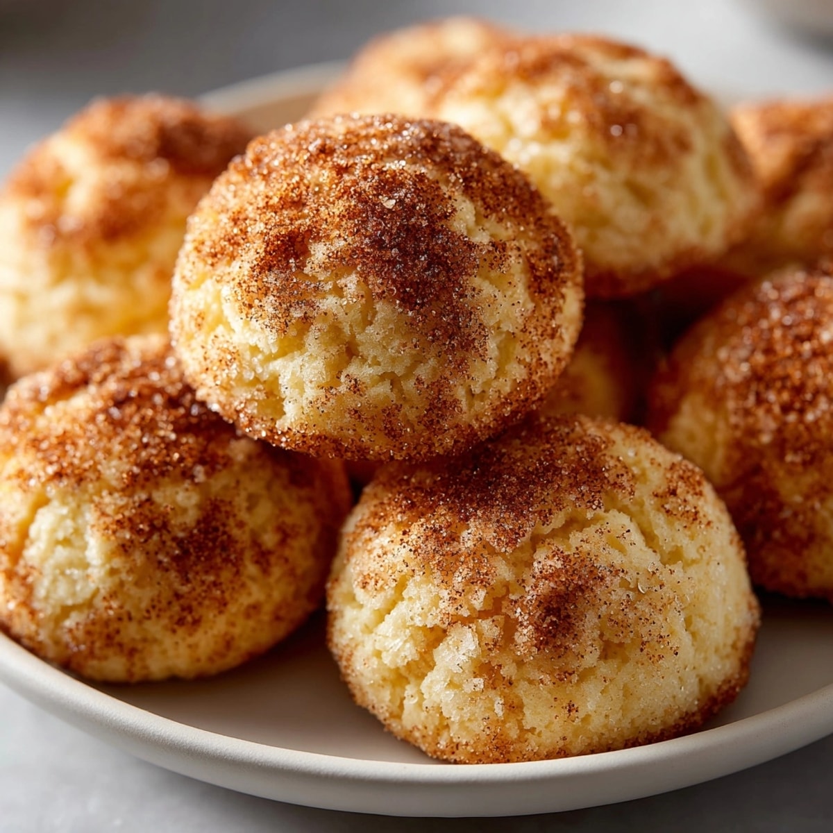 Homemade Eggnog Snickerdoodles before baking, showing their plump, sugar-coated texture on parchment paper
