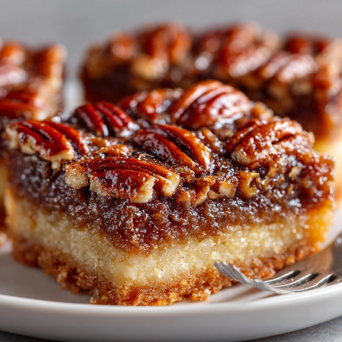 Homemade Maple Bourbon Pecan Pie Bars cut and arranged on a dessert plate.