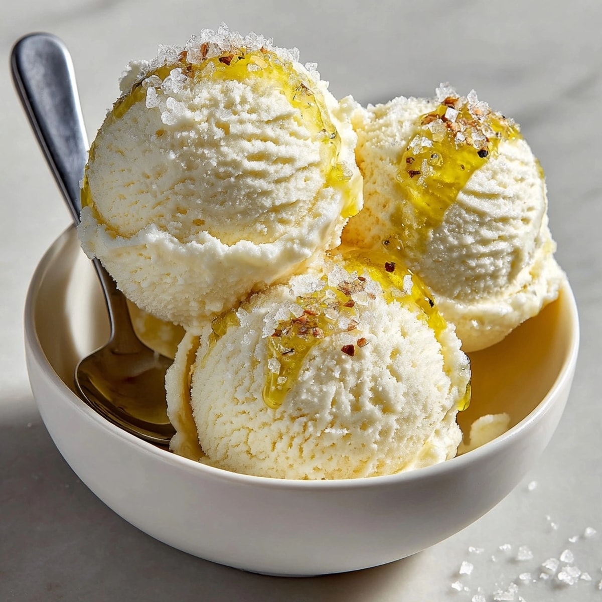Fruity, savory Savory Olive Oil &amp; Sea Salt Ice Cream churned to creamy perfection.