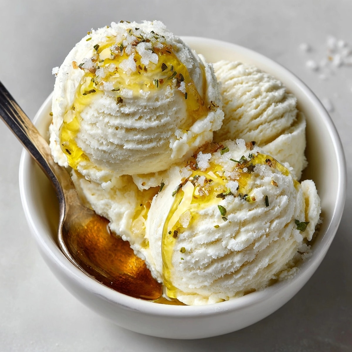 Homemade Savory Olive Oil &amp; Sea Salt Ice Cream topped with flaky salt crystals.