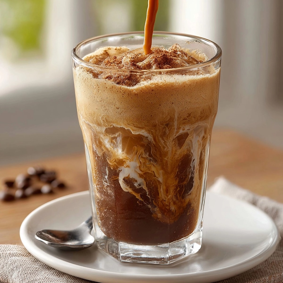 Making Brown Sugar Shaken Espresso: shaking ice-filled cocktail shaker for a cold coffee.