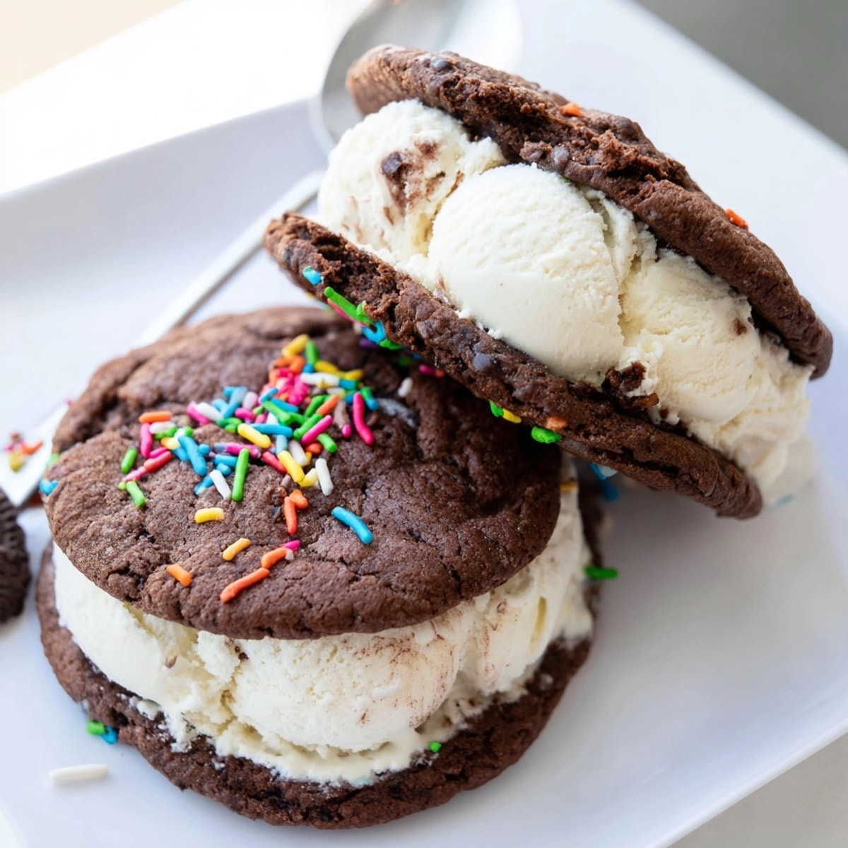 Stacked Ice Cream Sandwiches: soft chocolate cookies embracing cold vanilla ice cream.