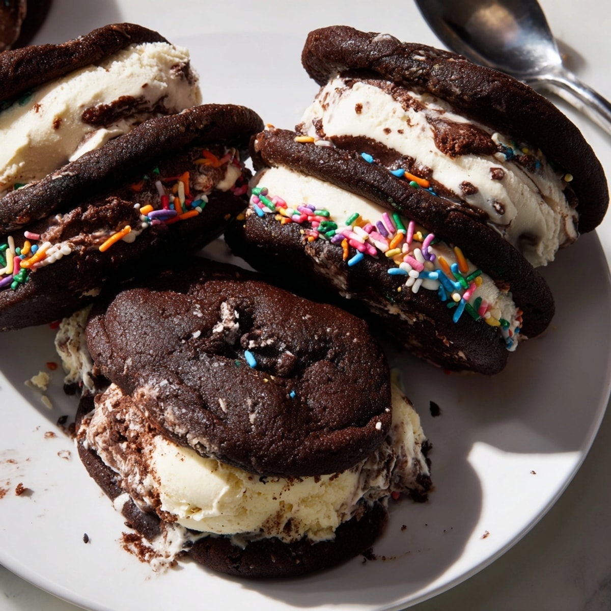 Close-up of an Ice Cream Sandwich, chocolate cookies with melting vanilla center.