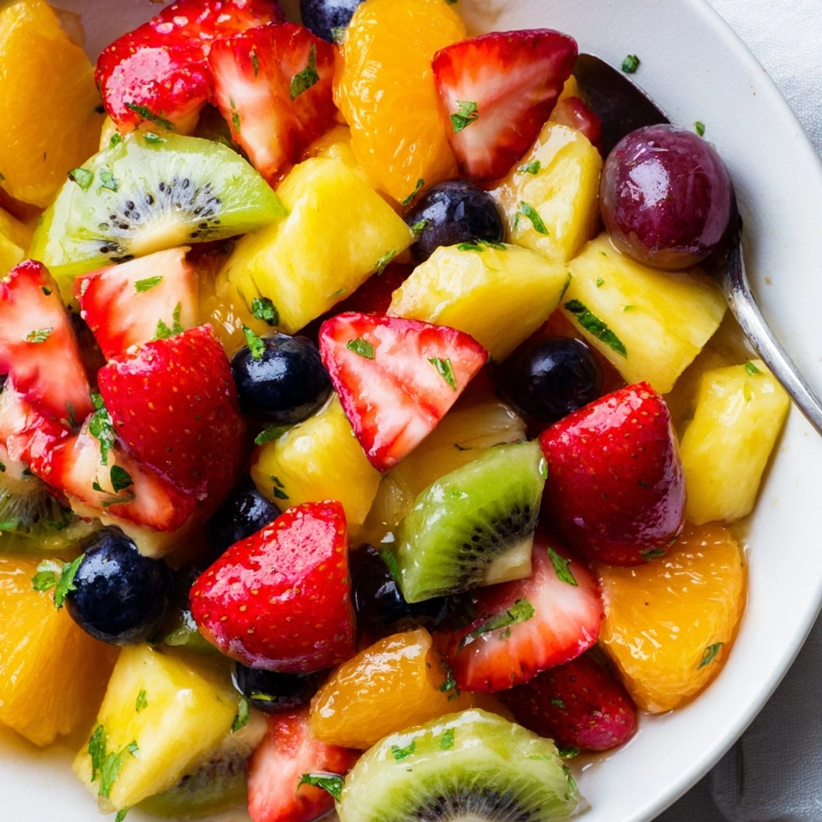 A refreshing bowl of homemade Fruit Salad, glistening with a honey-lime dressing.