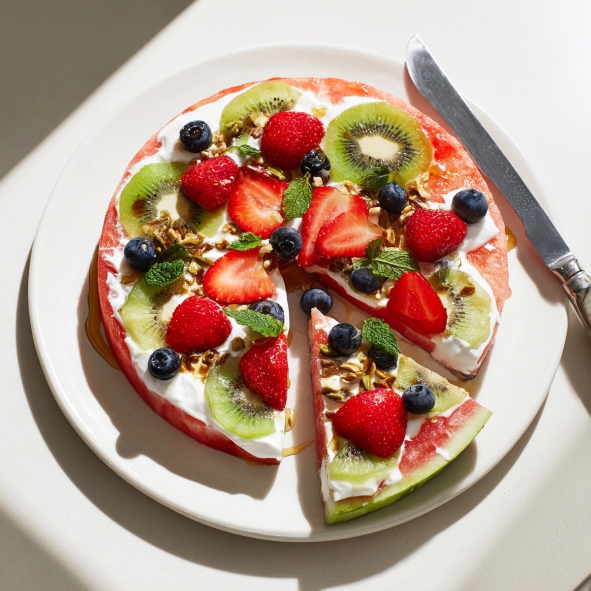 Close-up of a slice of Watermelon Pizza, showing juicy fruit, creamy yogurt, and crunchy toppings.