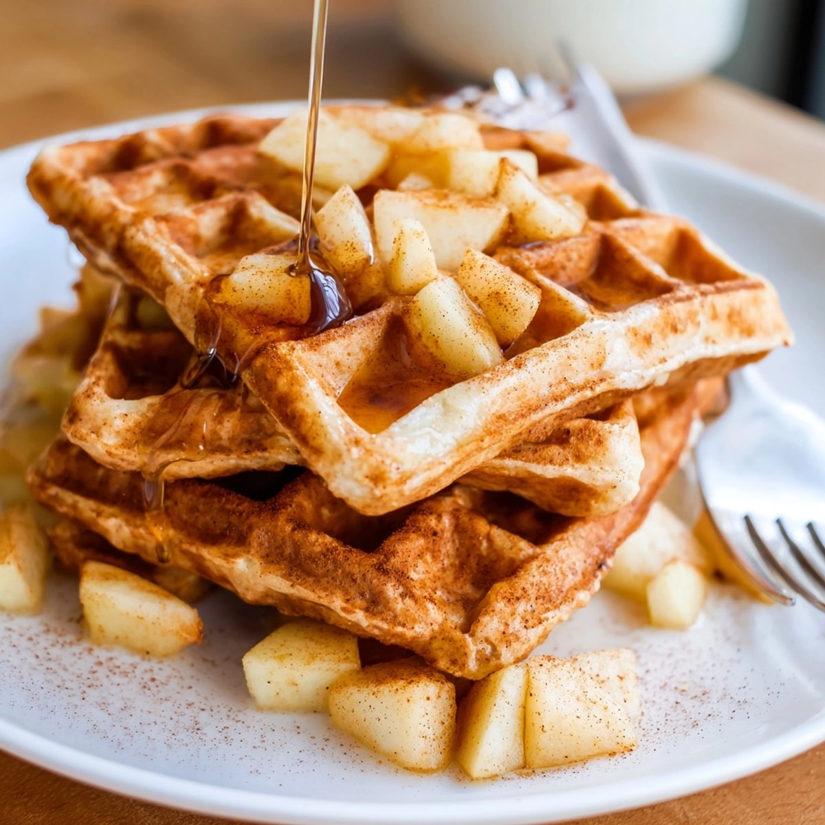 Golden Cinnamon Apple Protein Waffles steaming on a plate, ready to enjoy with syrup.