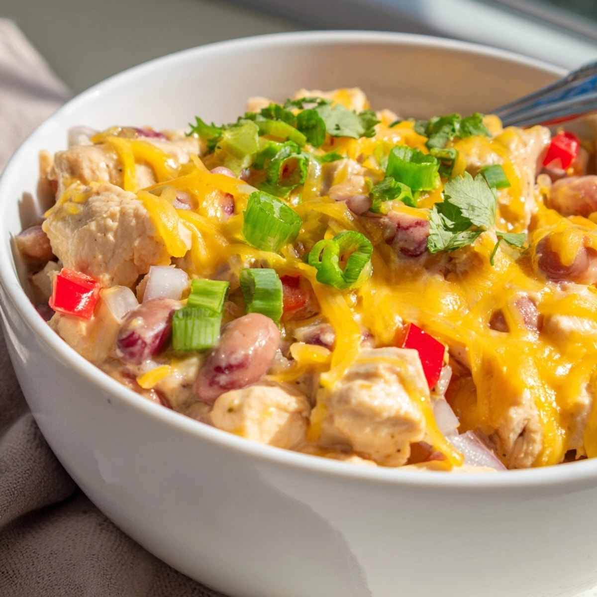A flavorful bowl of Cajun Chicken Cheddar Pintos, cheesy and steaming hot, garnished.