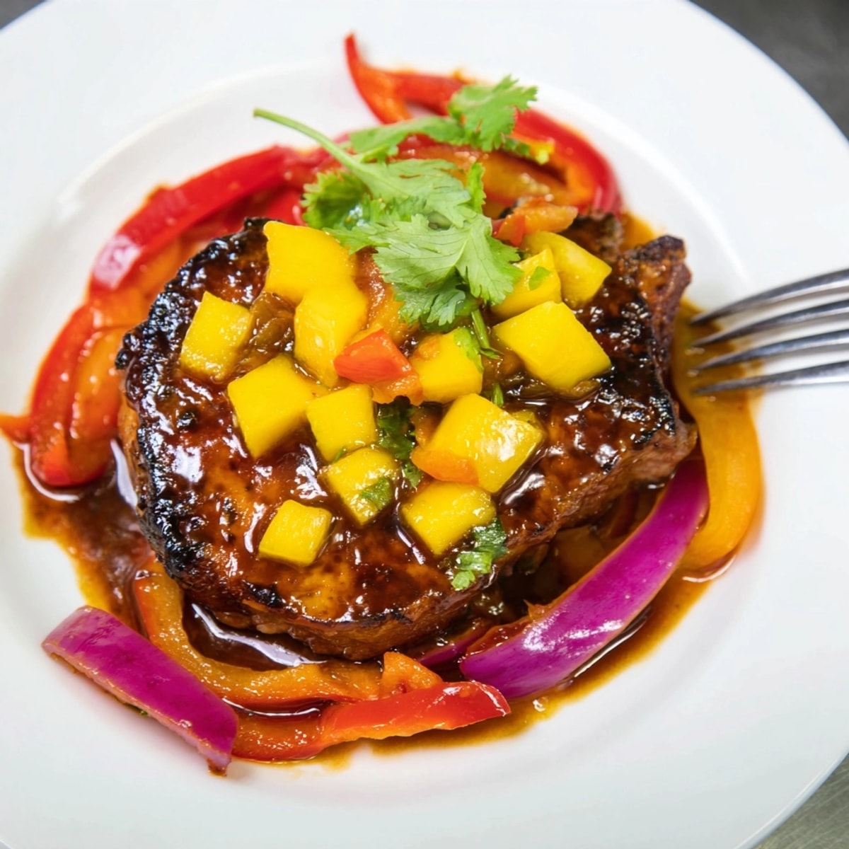 Close-up of a delicious Mango BBQ Pork Chop Bake, ready to serve hot.