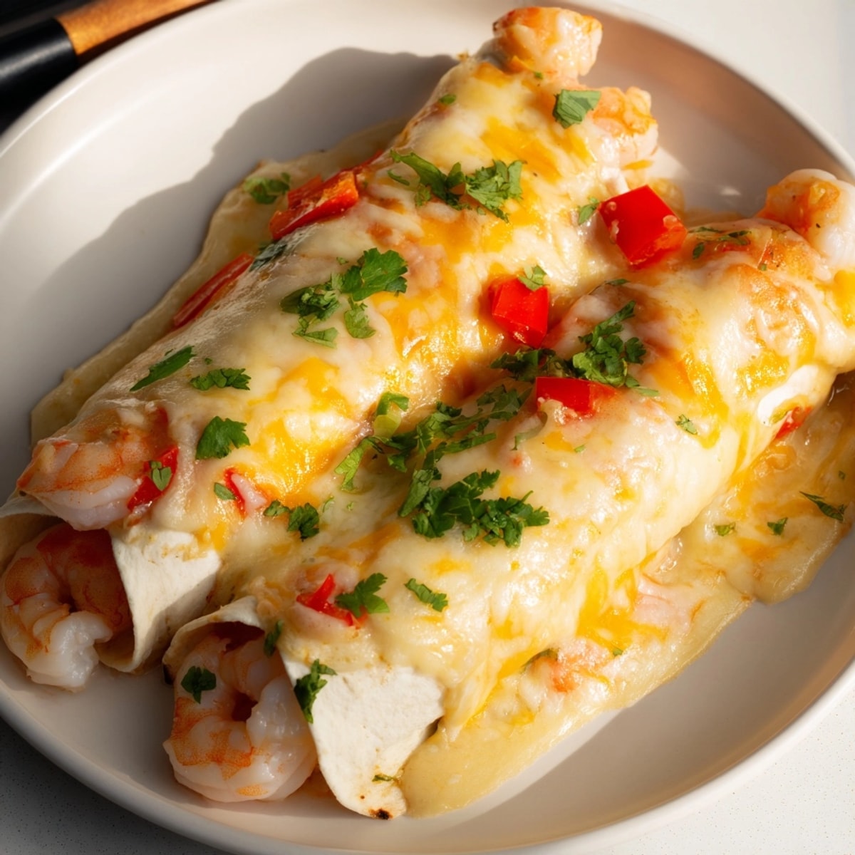 Golden-baked cheesy garlic shrimp enchiladas, bubbling hot; a creamy, savory Tex-Mex feast.