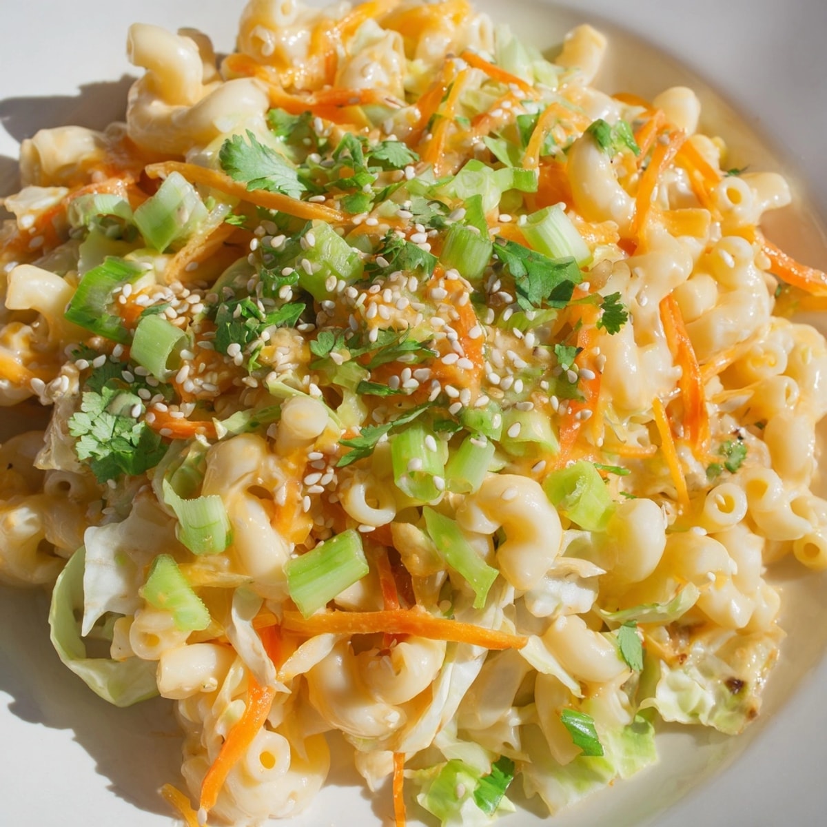 Homemade Mac and Cheese Egg Roll Stir-Fry served fresh with cilantro and sesame seeds.