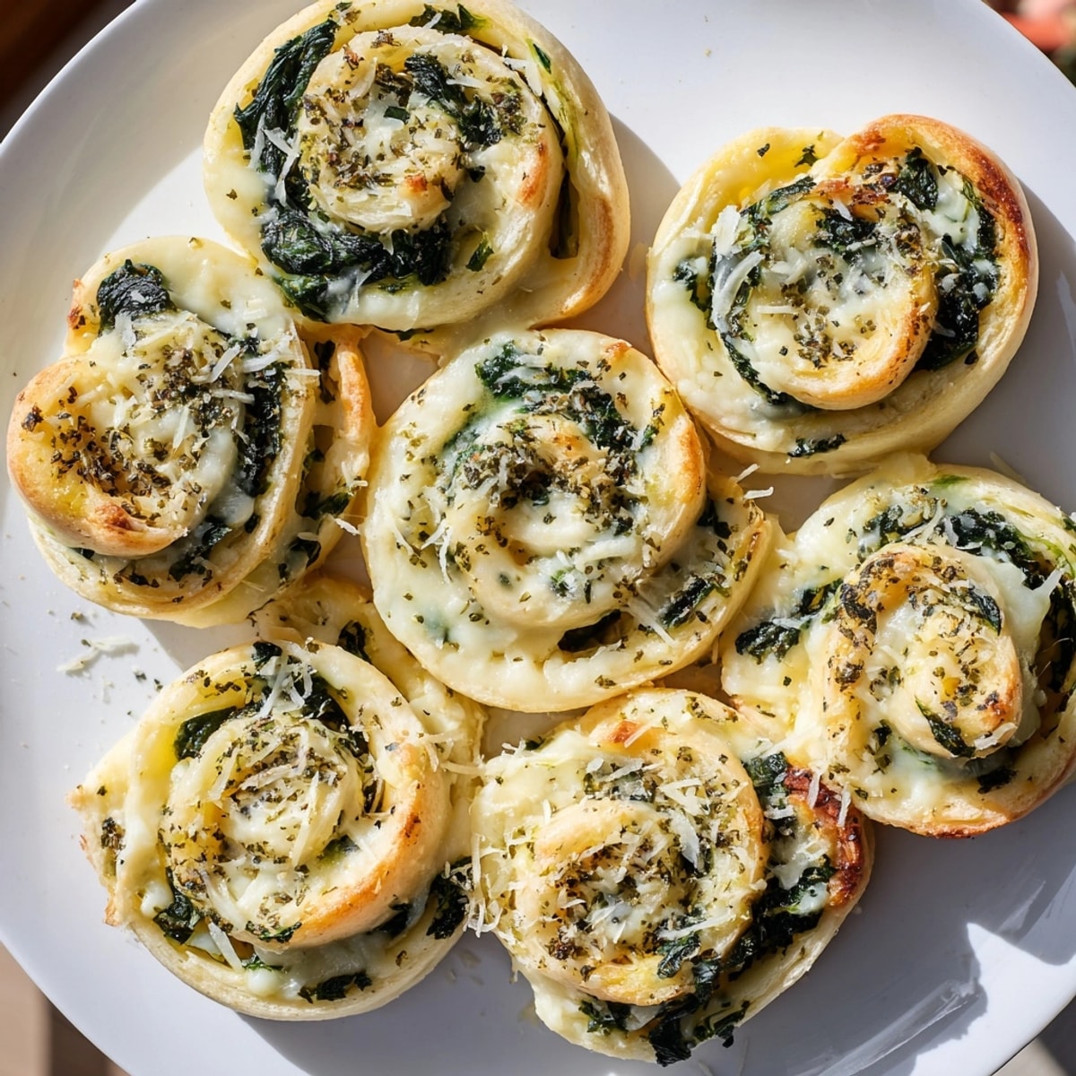 Creamy Alfredo Garlic Spinach Pizza Rolls baking until bubbly and brown on a sheet.