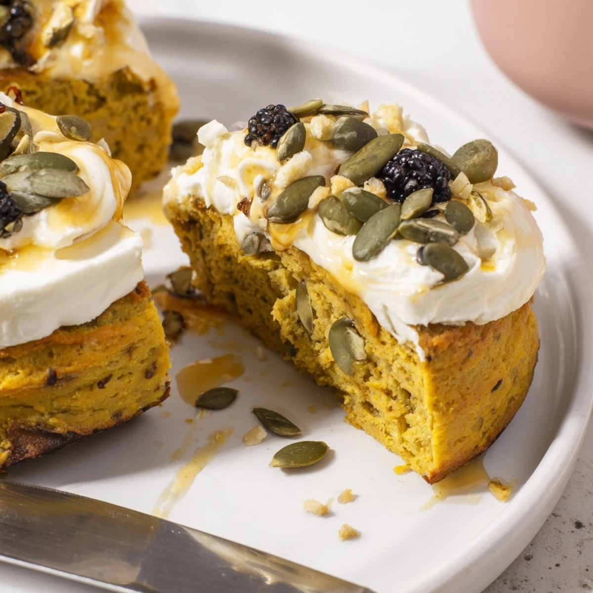 Toasted matcha pumpkin muffin toasts topped with creamy spreads and crunchy seeds.  