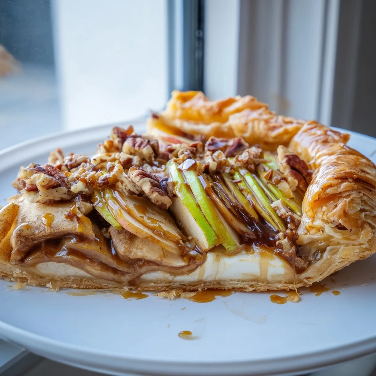 Creamy caramel apple brie tart served warm with toasted pecans on top.  