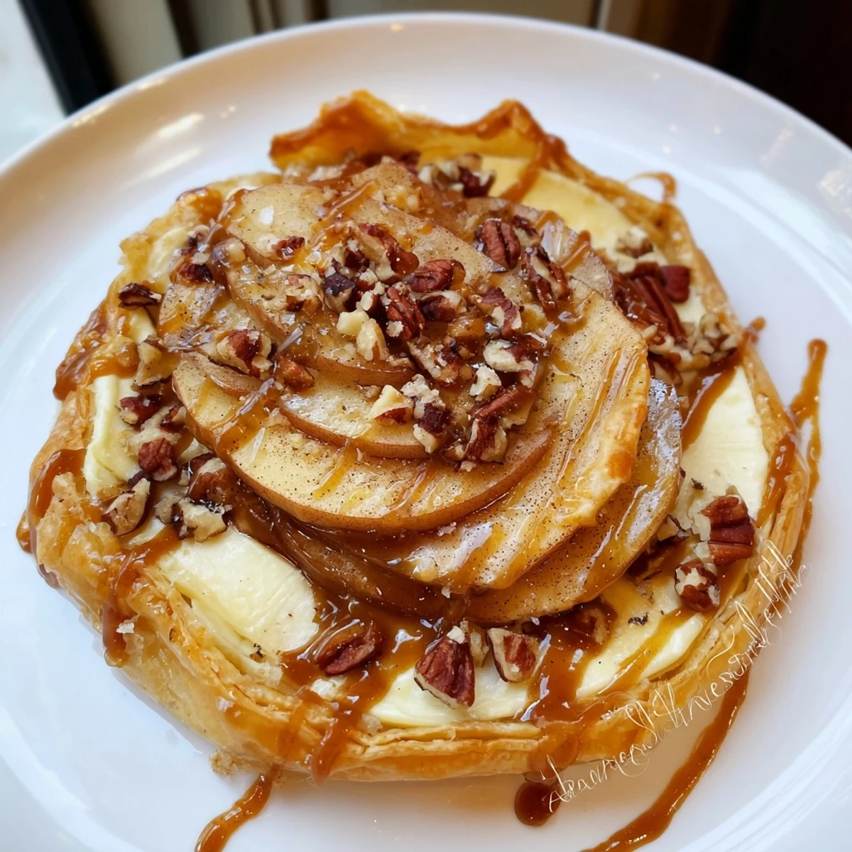 Decadent caramel apple brie tart, perfect for elegant parties or gatherings.