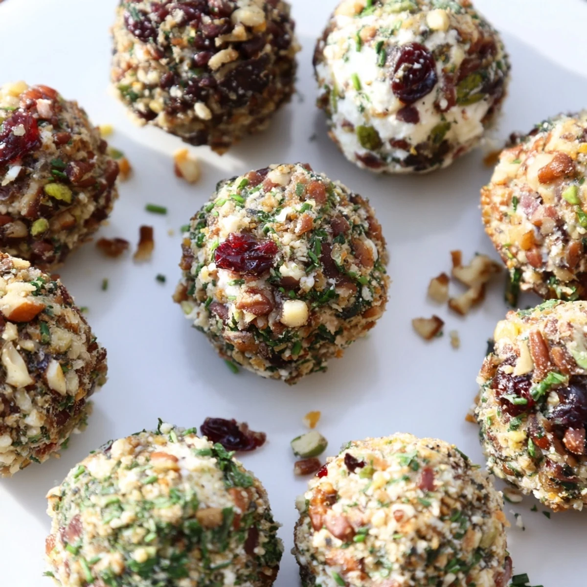 Bite-sized charcuterie board snack balls, rolled in herbs and nuts for added crunch.