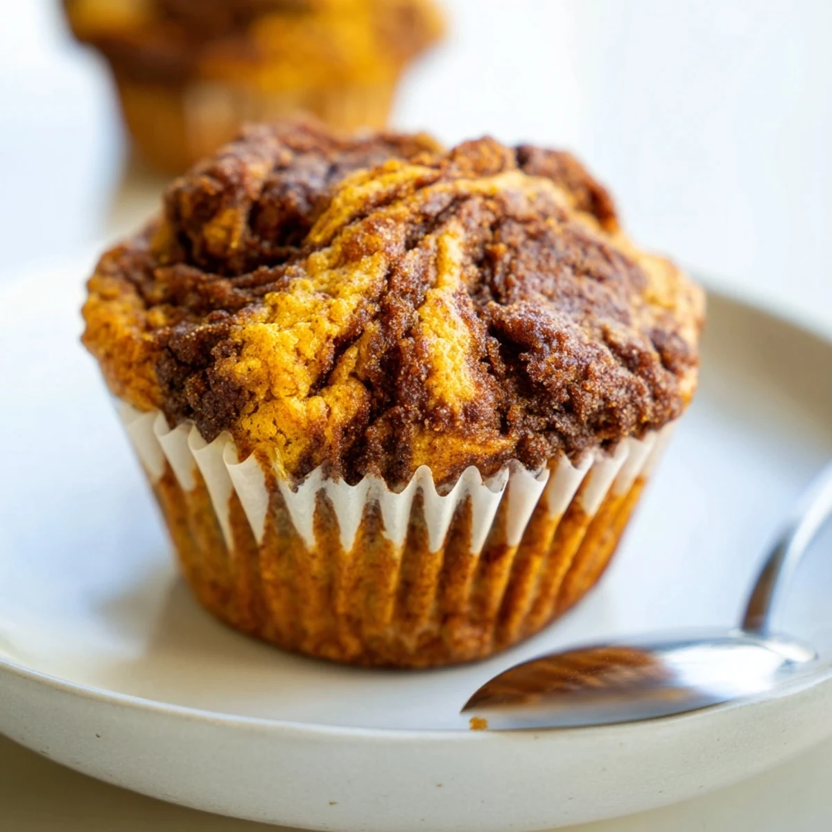 Moist gingerbread pumpkin muffin swirls topped with a rich, spiced glaze.  