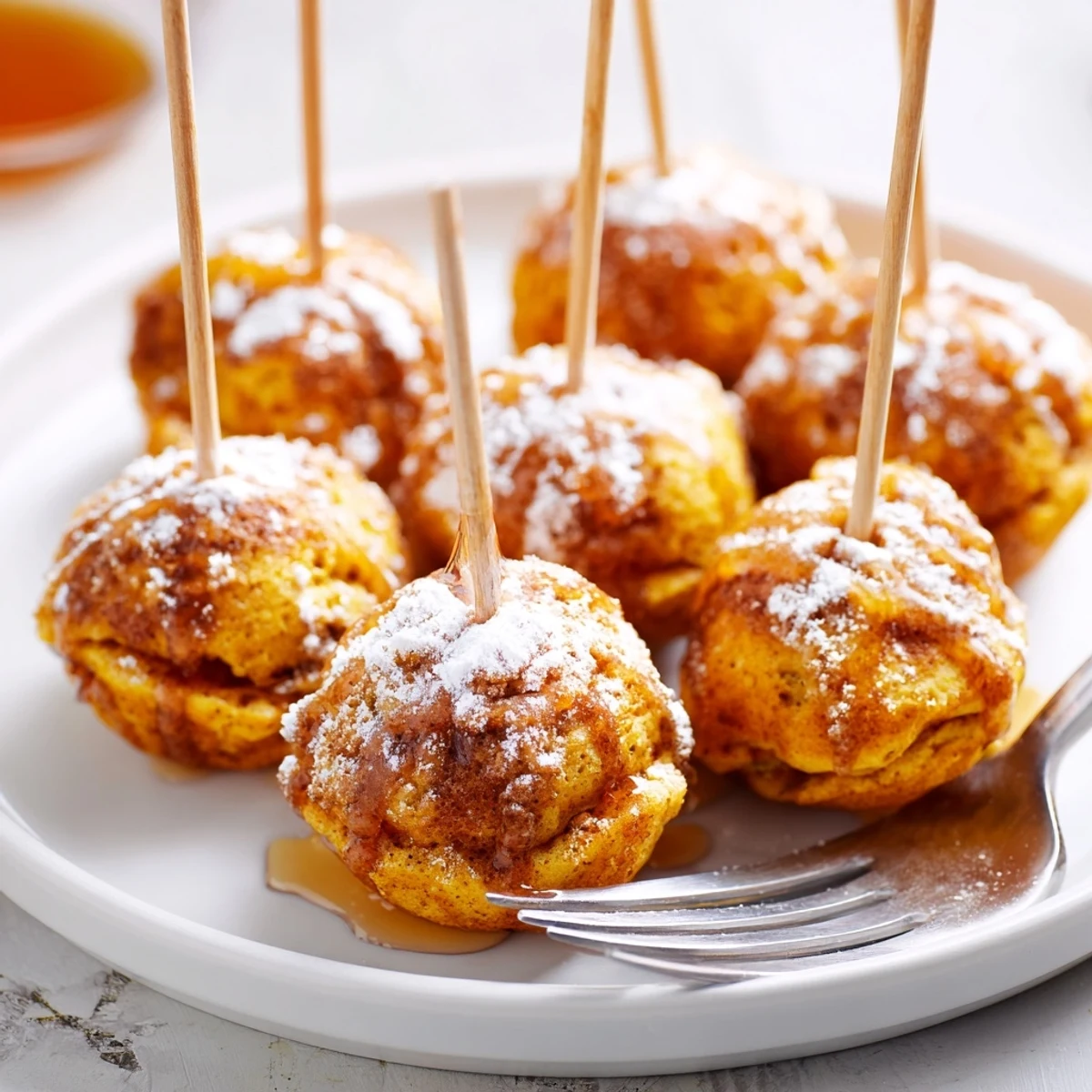 Fluffy pumpkin muffin pancake pops served on sticks, perfect for breakfast fun.  