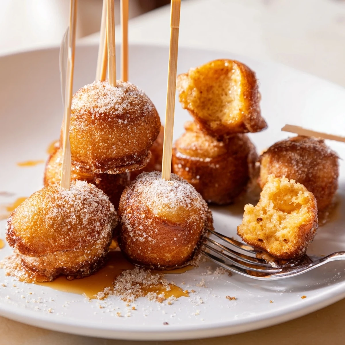 Warm, bite-sized pancake pops bursting with pumpkin flavor, drizzled in maple syrup.