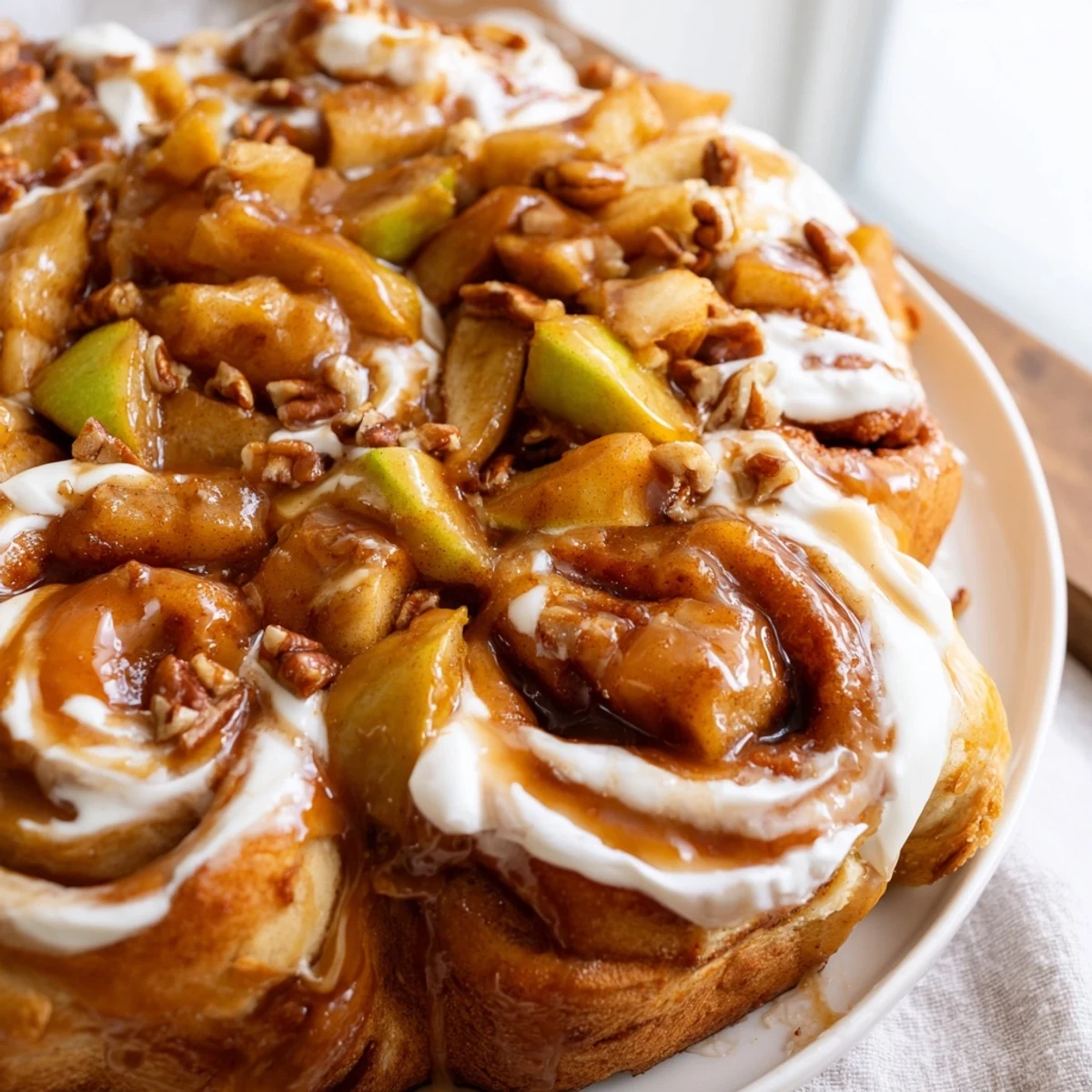 Warm Caramel Apple Cinnamon Roll Bake topped with gooey caramel and icing drizzle.  