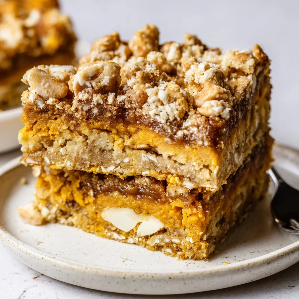 Chewy Coffee Crunch Pumpkin Pie Blondies topped with crunchy espresso shards delightfully melt in your mouth.  