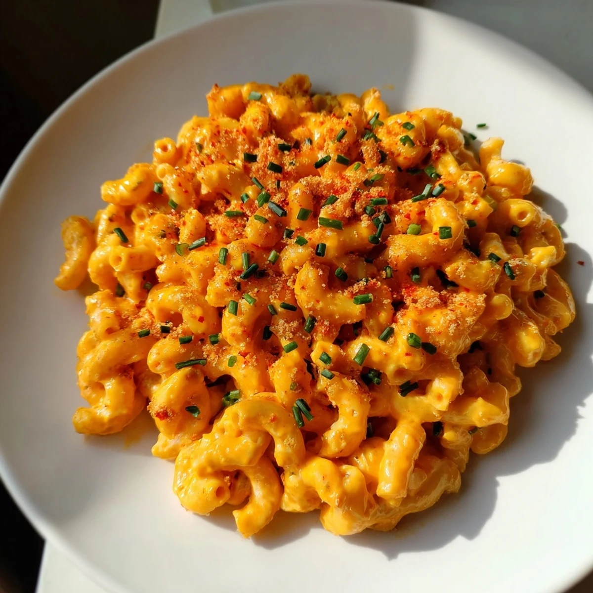 Creamy Sriracha Pickle Mac and Cheese topped with golden, crispy panko breadcrumbs.  