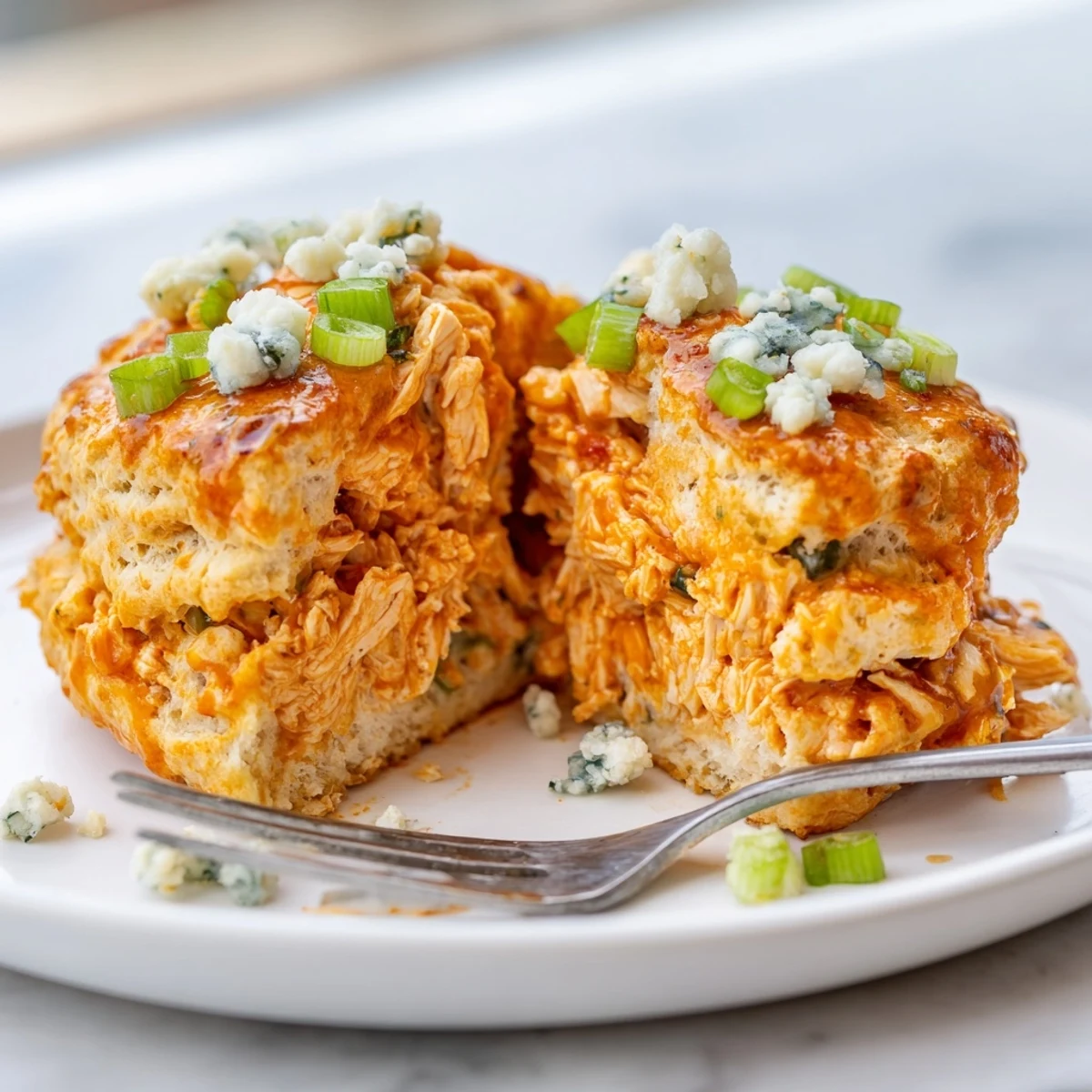 Fluffy Buffalo Chicken Soda Biscuits topped with blue cheese and scallions for flavor.  