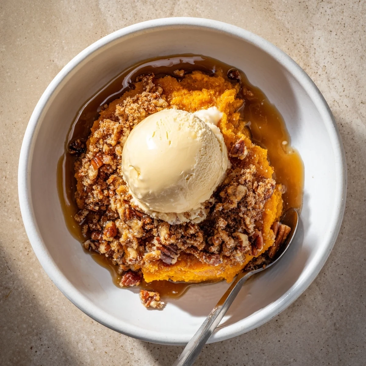 Creamy Sweet Potato Casserole Rebel Float topped with crunchy pecans and caramel drizzle.  