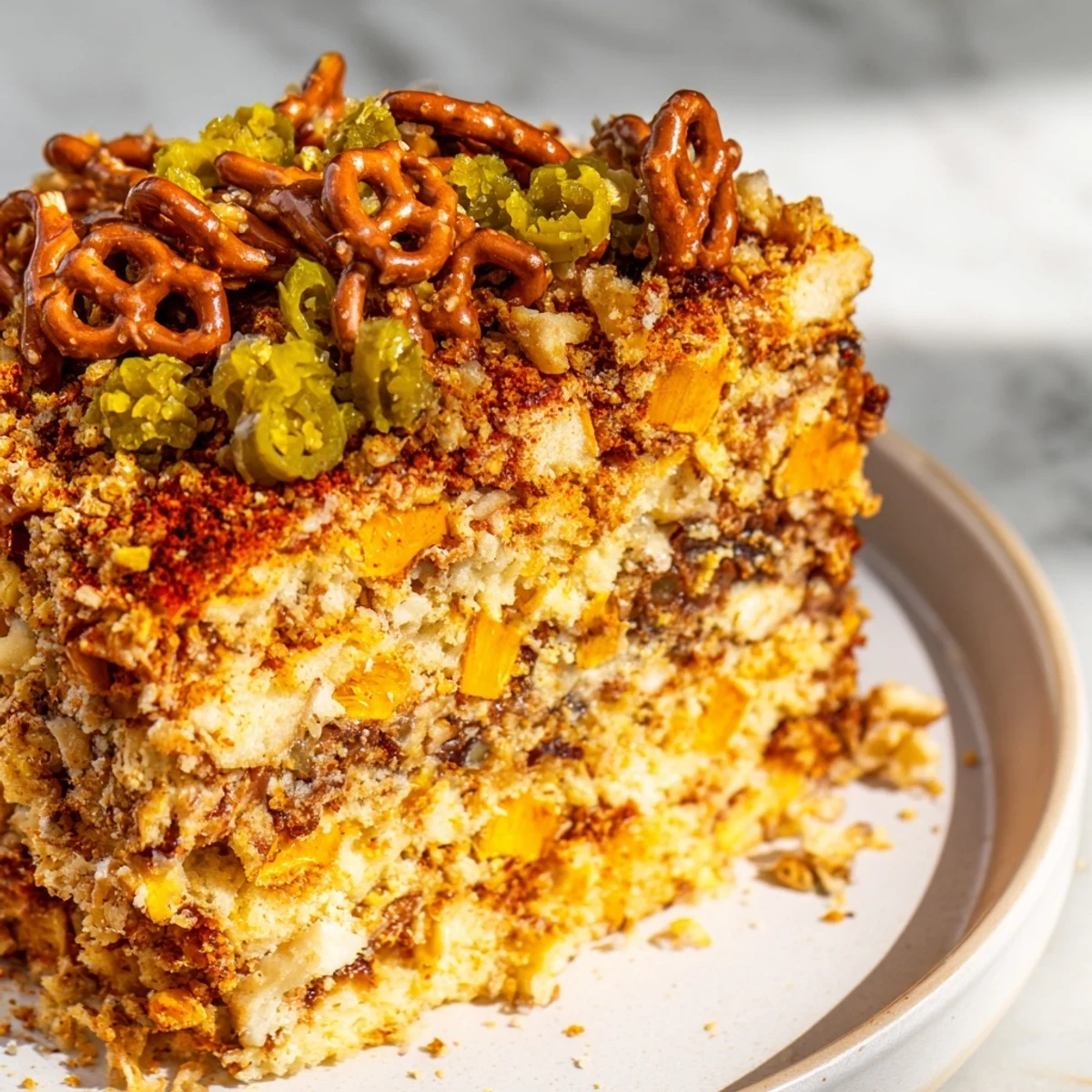 Sliced Spicy Ranch Pretzel Chaos Cake topped with crunchy jalapeños and mini pretzels.  