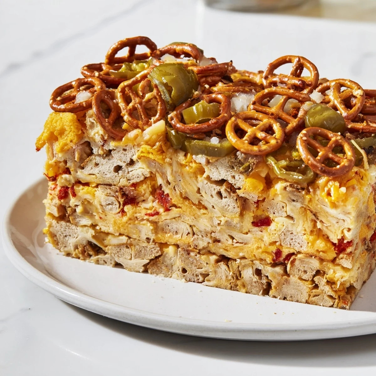 Golden Spicy Ranch Pretzel Chaos Cake served warm, ideal for game day snacks.