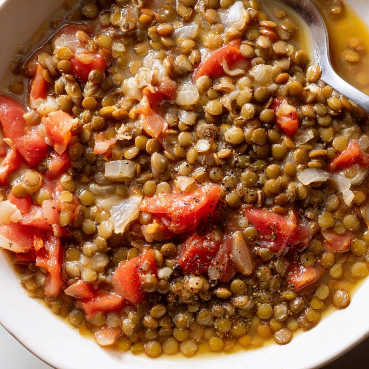 Hearty One-Pot Lentil Soup simmering with rich flavors and vibrant vegetables.  