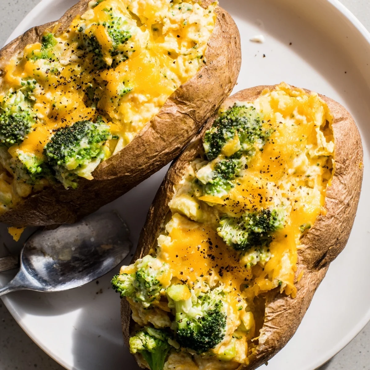 Fluffy Cheesy Broccoli Stuffed Potatoes topped with melted cheddar and fresh herbs.  