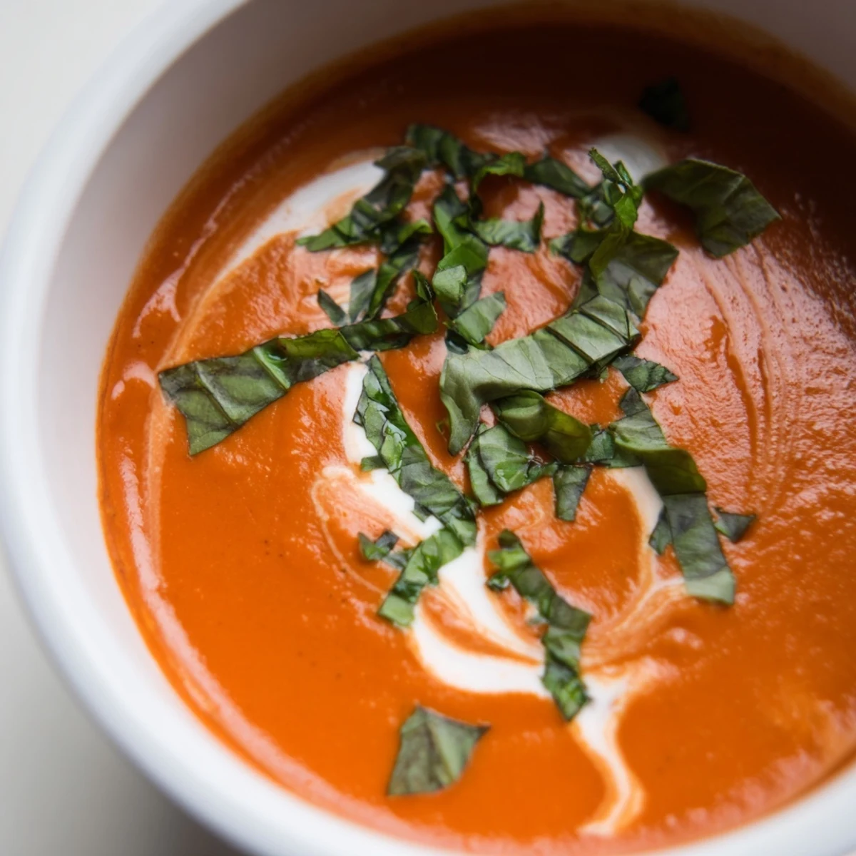 A bowl of creamy tomato basil soup, enhanced with aromatic herbs and spices.  