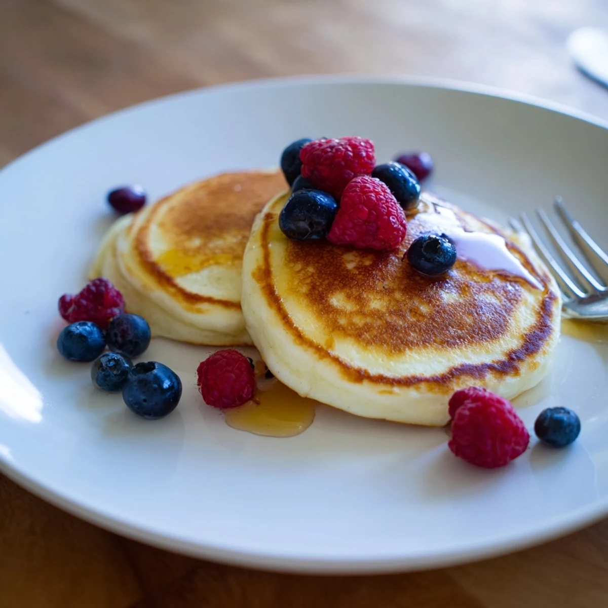 Fluffy Greek yogurt pancakes stacked high, drizzled with maple syrup and fresh fruit.  