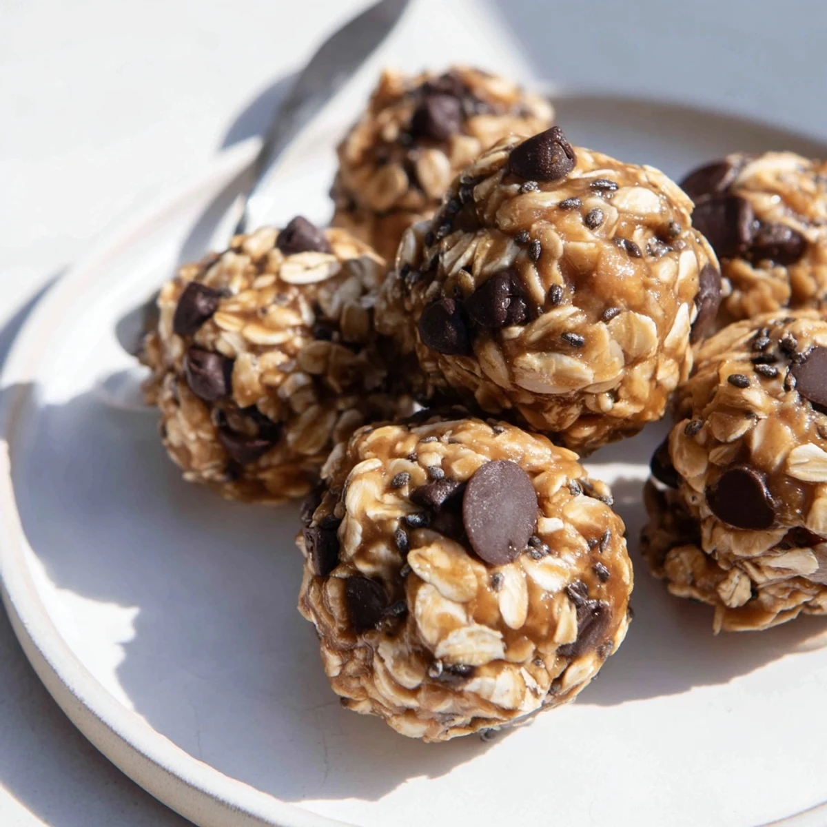 No-Bake Energy Bites in a bowl, showcasing chewy texture and dark chocolate chips.  