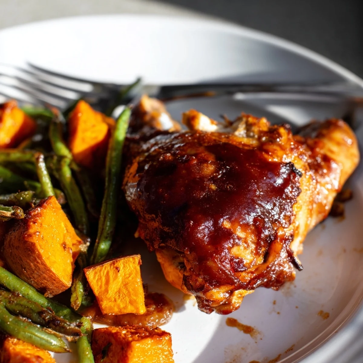 Golden BBQ Chicken Sheet Pan Dinner with vibrant sweet potatoes and crisp green beans.  