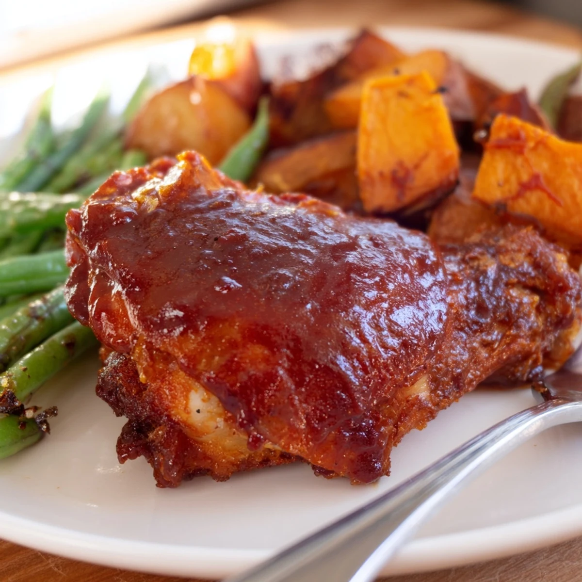 Savory BBQ Chicken Sheet Pan Dinner served hot, featuring tender chicken and colorful vegetables.  