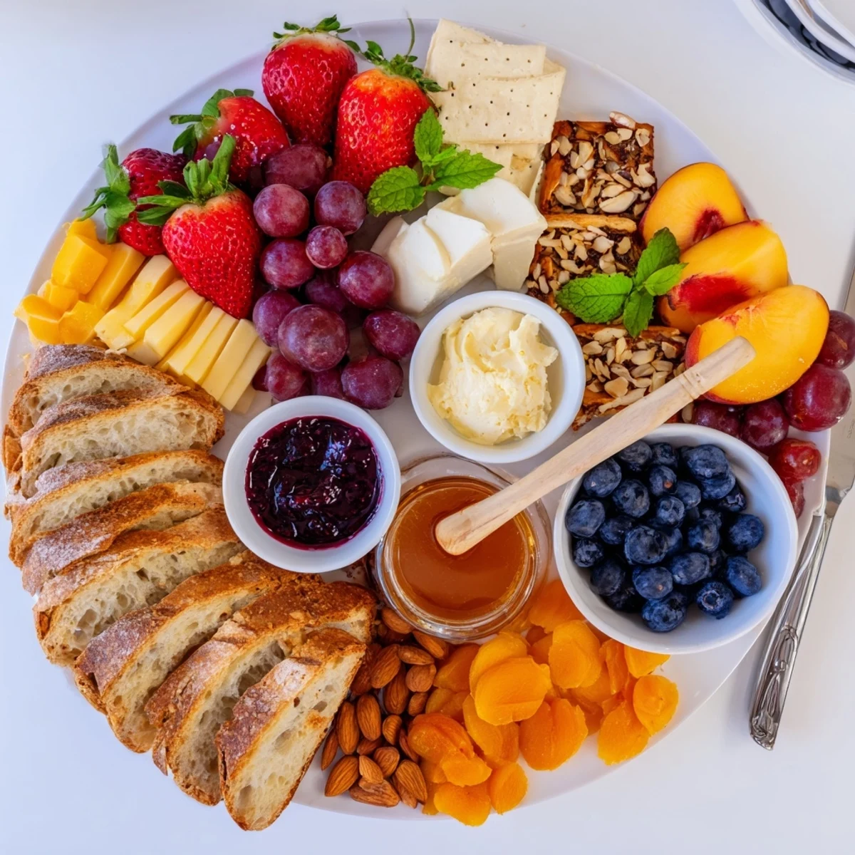 Artfully arranged jam-infused brunch board with seasonal fruits and gourmet spreads displayed.
